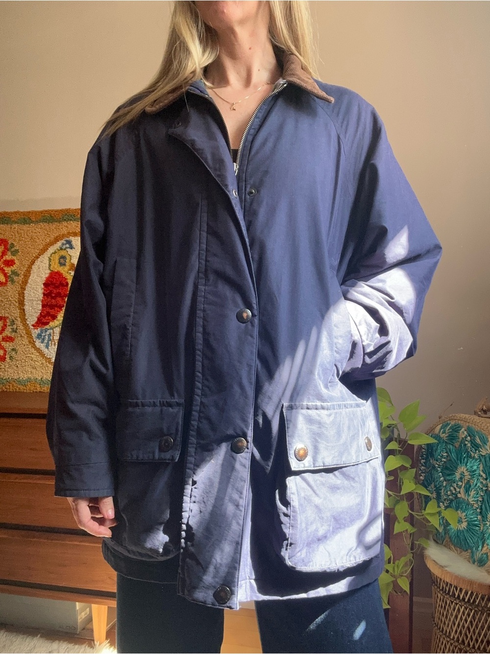 Eddie Bauer Navy Blue Barn Jacket with Brown Corduroy Collar XL